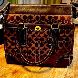 Coach tote/laptop bag. Different shades of brown. 13”w x 11” deep.